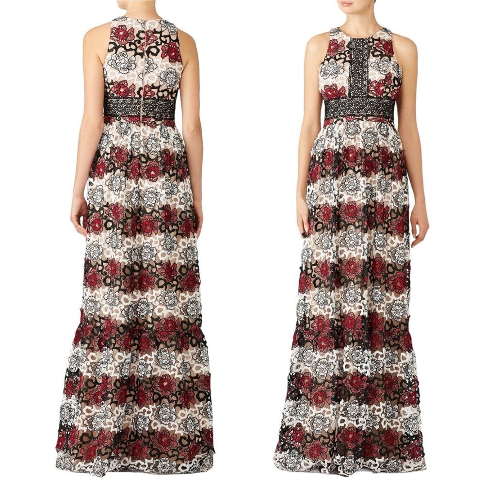 Sleeveless Gardenia Floral Lace Maxi Dress in Burgundy, Black and Creamy White